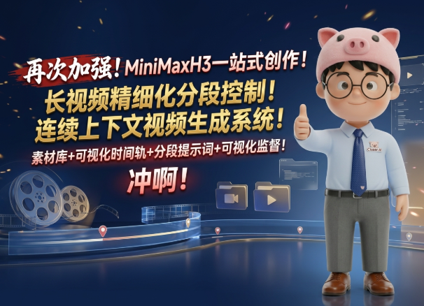 再次加强！MiniMaxH3一站式创作！长视频精细化分段控制，连续上下文视频生成系统：素材库+可视化时间轨+分段提示词+可视化监督！冲啊！