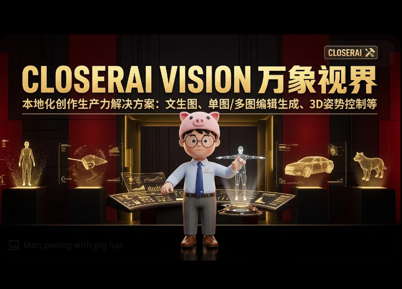 CLOSERAI VISION万象视界：本地化创作生产力解决方案，文生图、单图/多图编辑生成、3D姿势控制等