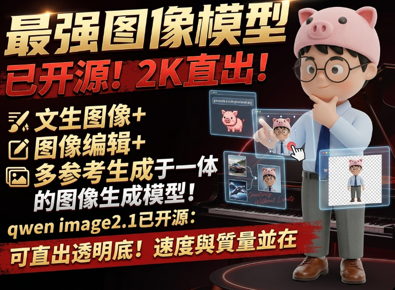 最强图像模型已开源！2K直出！qwen image2.1已开源：文生图像+图像编辑+多参考生成于一体的图像生成模型！可直出透明底！速度与质量并在